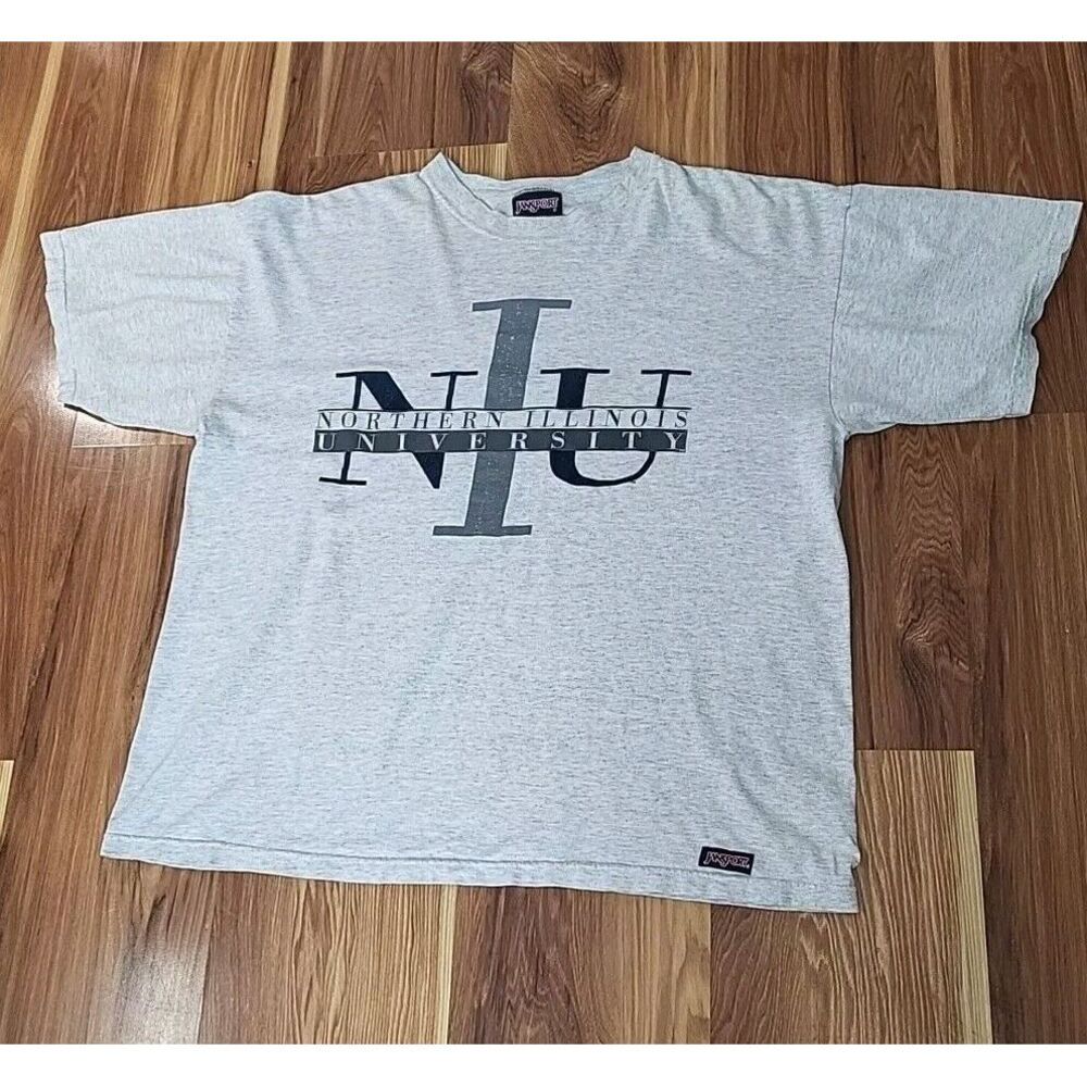 Vintage 90s Jansport Northern Illinois Univesity T Shirt Size XXL Spell Out Gray